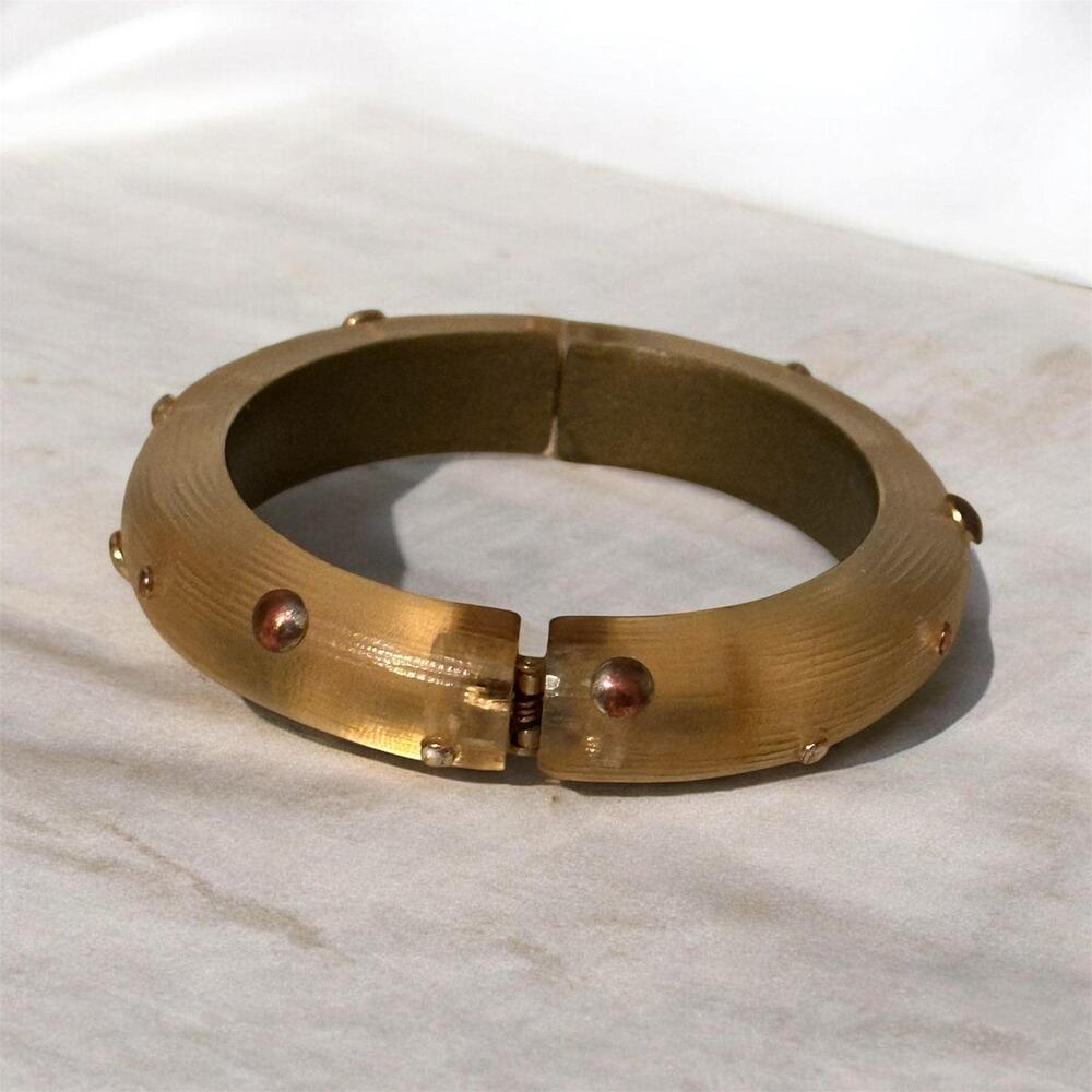 Signed Alexis Bittar Studded Lucite Hinged Bracelet | Frosted Champagne Bangle